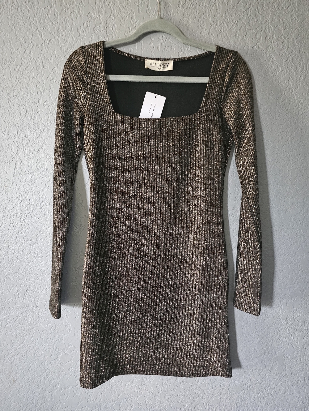 AUDREY Metallic Bronze Square-Neck Long-Sleeve Dress
